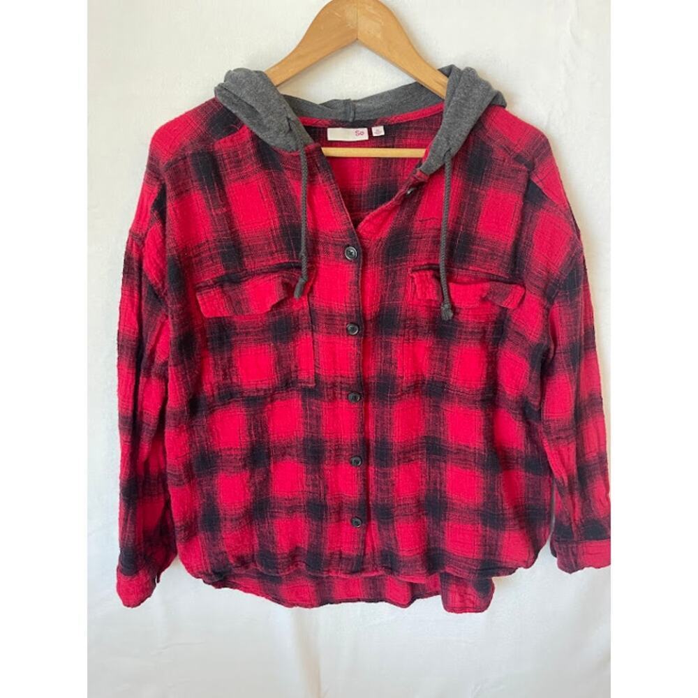 Women's Junior SO by Kohls XL Plaid Button Up Shirt with Hood Red/ Gray Flannel‎